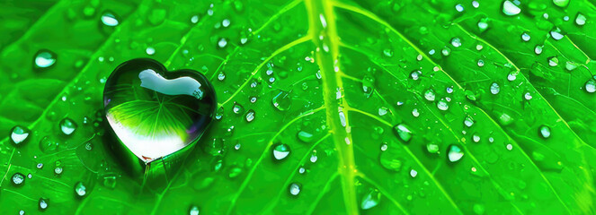 Heart shaped water drop on a wet fresh green leaf background. Environment ecology banner for web design with copy space.Generative AI