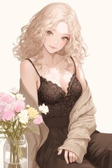 Girl with Light, Curly Hair Sits Relaxed, Sparkling Eyes, Sly Smile Generative Ai
