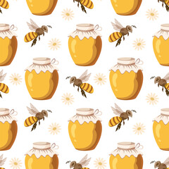 Seamless pattern, honey jars and bees. Background, print, vector