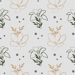 Seamless pattern, contour flowers, leaves and plants in pastel shades. Abstract background for textile, print. Vector