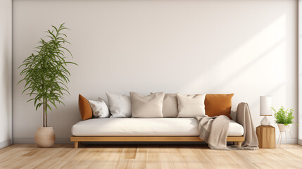 Fototapeta na wymiar Minimalist Living Room with Large Potted Plant and Modern Sofa