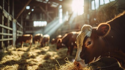 Farmer feeding hay to dairy cows in barn - obrazy, fototapety, plakaty