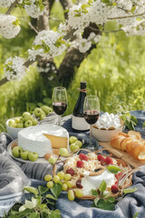 Romantic picnic in blooming garden. Bottle of red wine, cheese, grapes, sliced prosciutto, apples, raspberries, cake, pastries for catering outside. Concept of leisure, weekend, brunch, family weekend