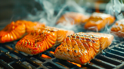Salmon fillets with grill marks are being cooked on a grill, with smoke rising