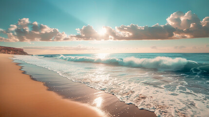 Sunlight glistens on the waves at a sandy beach under a cloudy sky.