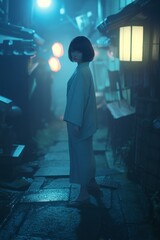 Japanese woman stands in a full-body shot, captured at night with low saturation generative ai