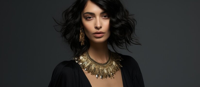 A stylish woman wearing an elegant black dress accessorized with a stunning gold necklace