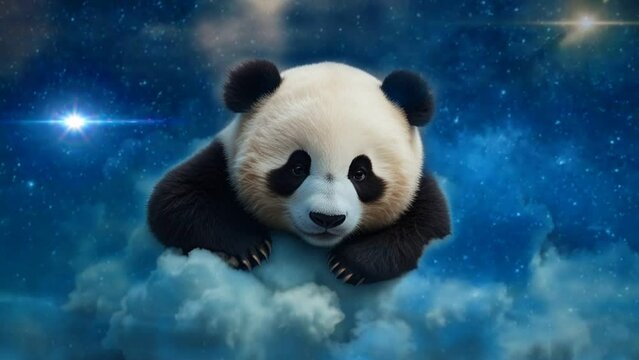Cute baby panda is sleeping peacefully on a starry cloud, seamless looping animation video background 