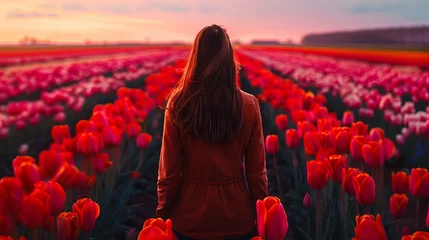Tableaux ronds sur plexiglas Anti-reflet Rouge 2 Dutch Woman in Vibrant Tulip Fields