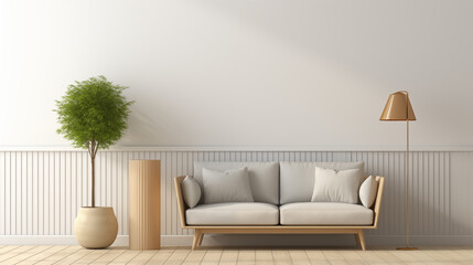 Fototapeta na wymiar Cozy Living Room with Beige Sofa and Wooden Wainscoting Design