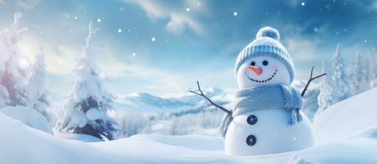 Fototapeta premium Snow-covered ground with a snowman standing among leafless trees in a serene winter scene
