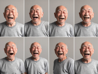 A muted color photorealistic studio portrait of an elderly Japanese man with multiple expressions, from happy to joyful to excited. The portrait is split into 8 different panels in a grid layout, with