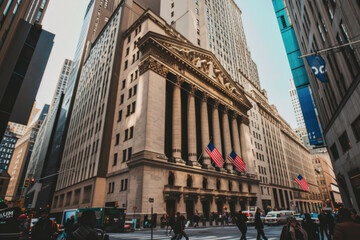 Historic stock exchange building on a bustling city street with pedestrians