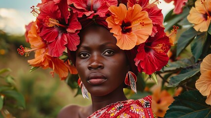 Kenyan Woman with Red and Orange Hibiscus Flowers - obrazy, fototapety, plakaty