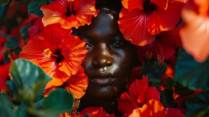 Kenyan Woman with Red and Orange Hibiscus Flowers