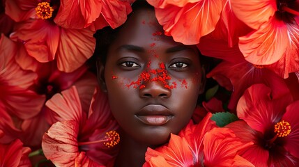 Kenyan Woman with Red and Orange Hibiscus Flowers