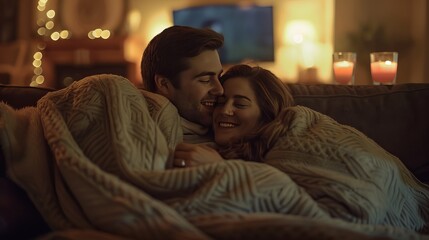 Cozy couple watching TV at home