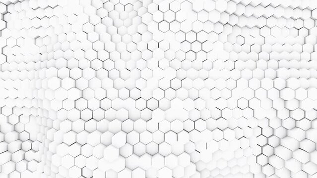 White hexagonal video wave pattern background. 3D futuristic animation 4k