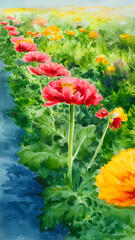 Flowers In The Garden. Colorful Watercolor Painting Style