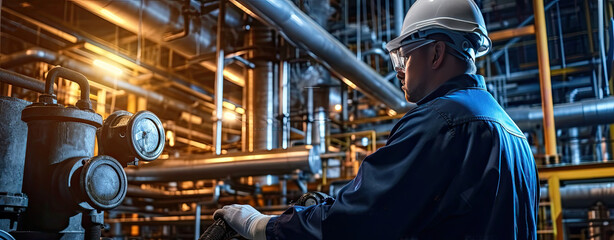 Factory worker controlling heating plant processes with pipes, valves,