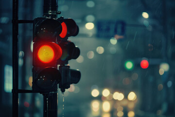 Red traffic light glows on a rainy evening with city lights blurred in the background. - obrazy, fototapety, plakaty