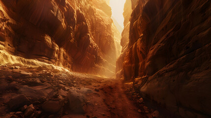 A canyon with walls that glow with ethereal light, guiding the path forward. - obrazy, fototapety, plakaty