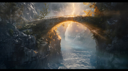 A bridge made of light spanning an abyss, connecting two realms of existence.
