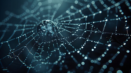 A close-up of a dew-covered web, each droplet reflecting a different phase of the moon. - Powered by Adobe