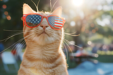 Funny cat wearing sunglasses with America USA flag on lens, central park barbeque on the background, 4 July Independence Day celebration