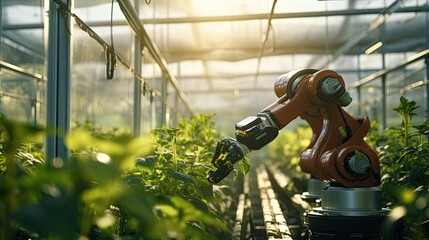 robotic arm tending plants in a large-scale greenhouse, background, industrial metallic tones of the robot with lush greenery, smart farming concept