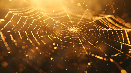 A close-up of a spider spinning a web of golden silk, shimmering in the morning light.