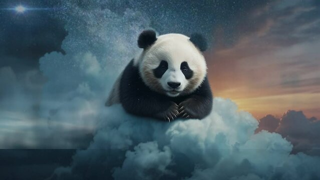 Cute baby panda is sleeping peacefully on a starry cloud, seamless looping animation video background 