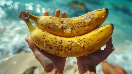 Banana in the hands of a girl on the background of the sea
