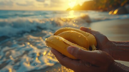 Man hand holding banana on the tropical beach at sunset time