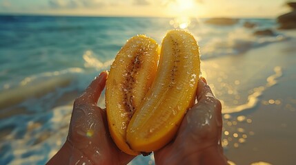 Banana in hands on the background of the sea and sunset