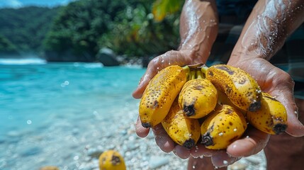 Close up of man hands holding fresh bananas on the tropical beach