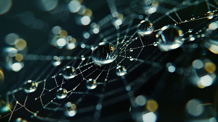A close-up of dewdrops on a spiderweb, each drop reflecting a miniature world. - obrazy, fototapety, plakaty