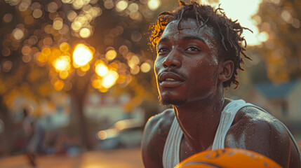 Portrait of young african american man playing basketball outdoors