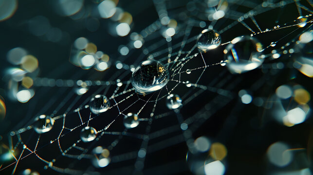 A close-up of dewdrops on a spiderweb, each drop reflecting a miniature world.
