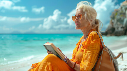 Senior woman reading book on tropical beach. Travel and vacation concept