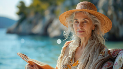 Portrait of a beautiful senior woman reading a book on the beach