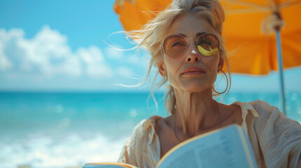 Woman reading a book on the beach. Close-up portrait