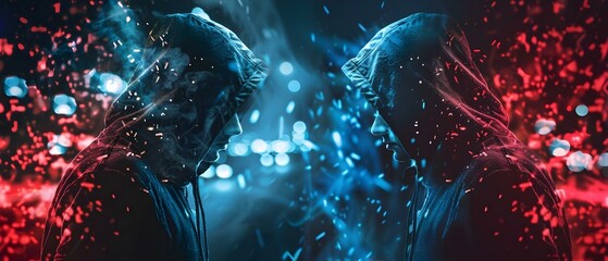 Hooded hacker and cyber defender clash in virtual cybersecurity battle scene. Concept Cybersecurity, Hacker, Defender, Virtual Battle, Technology