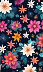 Vibrant, intricate floral design set against dark background, creating visually appealing contrast between colorful flowers, dark backdrop. For website design, advertising, greeting cards, magazines.