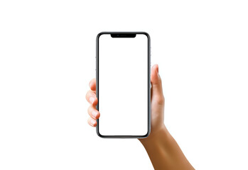 Hand Holding Smartphone with Blank Screen.
A realistic depiction of a hand gently holding a smartphone with a blank screen, set against a pure white background, perfect for mockups and presentations t