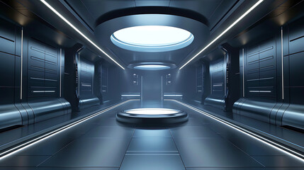 an ultra-modern, sci-fi interior with a sleek and symmetrical design.