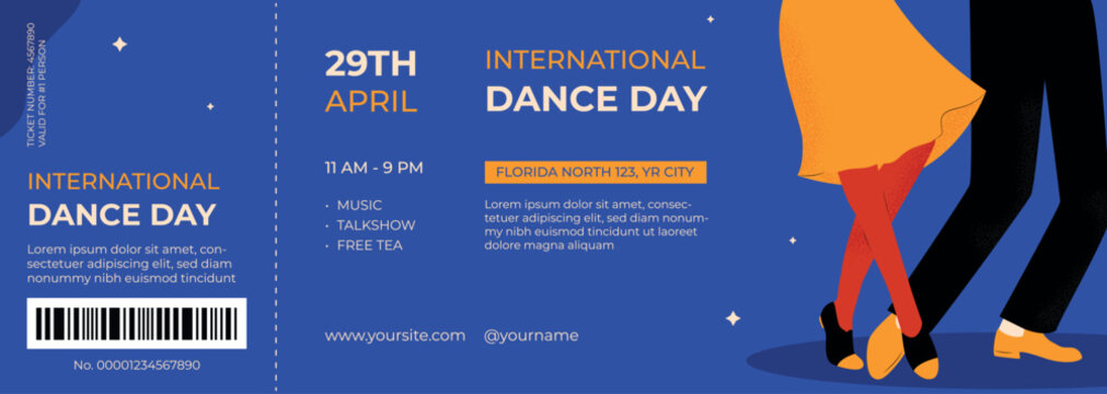 Hand drawn international dance day illustration ticket template. Woman and man dancing. Invitation. Vector illustration