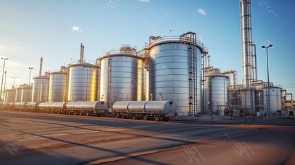 Obraz premium Row of storage tanks under blue sky