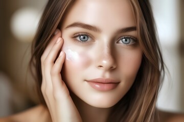 Beautiful girl applying moisturizing cream on her face, healthy skin, cosmetic and healthy skin concept