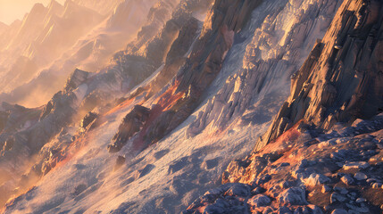 A mountain scene where the rocks and cliffs subtly change colors with the time of day.